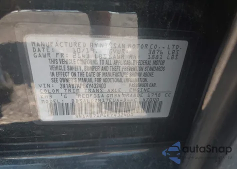 2019 Nissan Sentra Sv из США, поврежденный, VIN 3N1AB7AP6KY432400